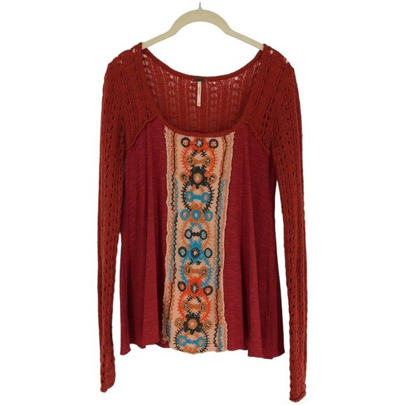 Free  People Rust Orange Embroidered Longsleeve Scoop neck Knit top size XS - Picture 1 of 16